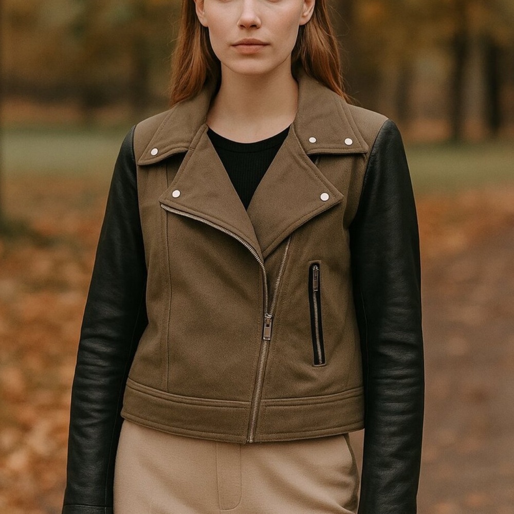 Rare Mackage Minella Leather Biker Moto Jacket Olive Green Black Size Medium
